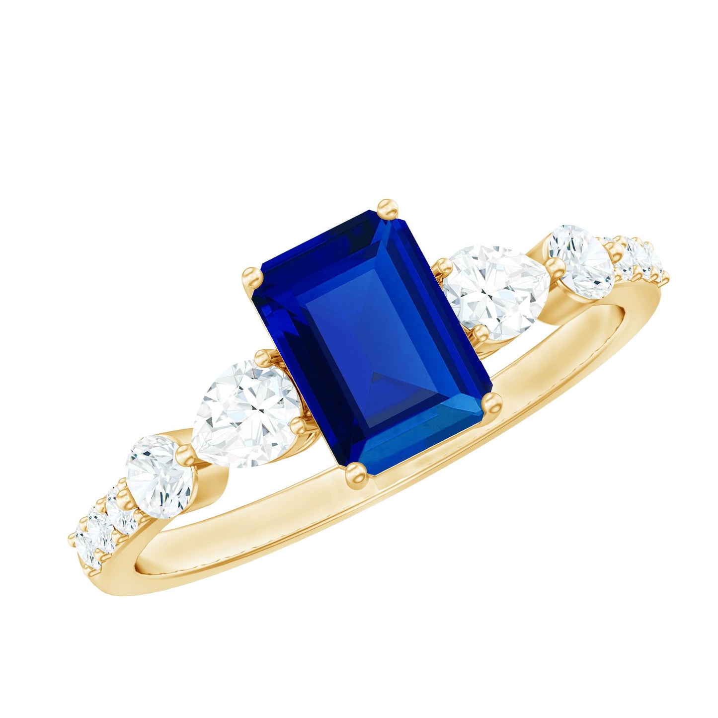 Certified 1.75 Carat Lab Grown Blue Sapphire Emerald Cut Engagement Ring with Diamond Side Stones