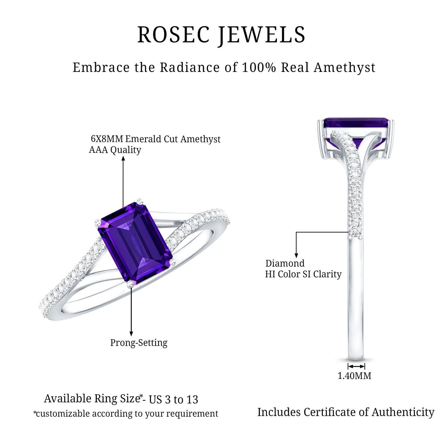 1.4 Carat Amethyst Emerald Cut Engagement Ring with Diamond Split Shank