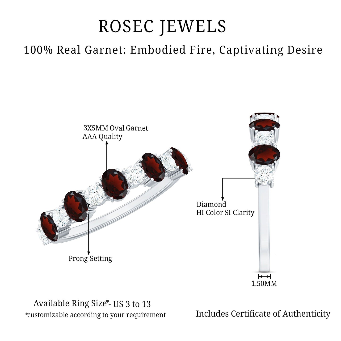 Certified Real Garnet Diamond Half Eternity Ring for Anniversary