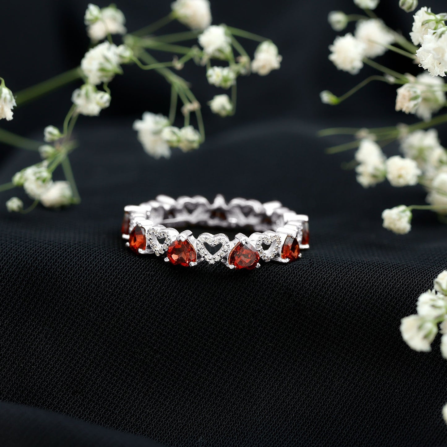 Natural Garnet Diamond Heart Eternity Ring for Anniversary