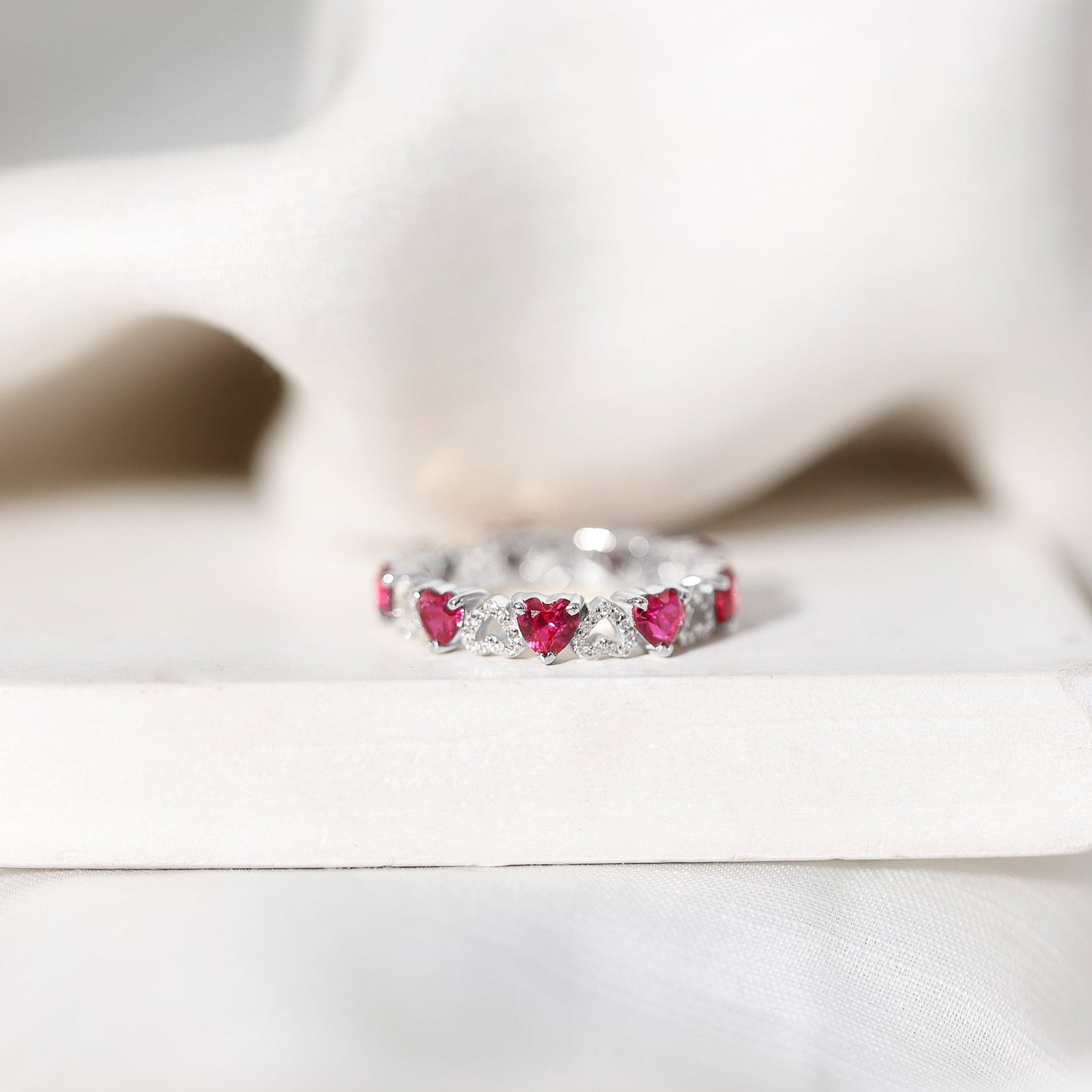 Lab-Created Ruby and Diamond Heart Eternity Band Ring