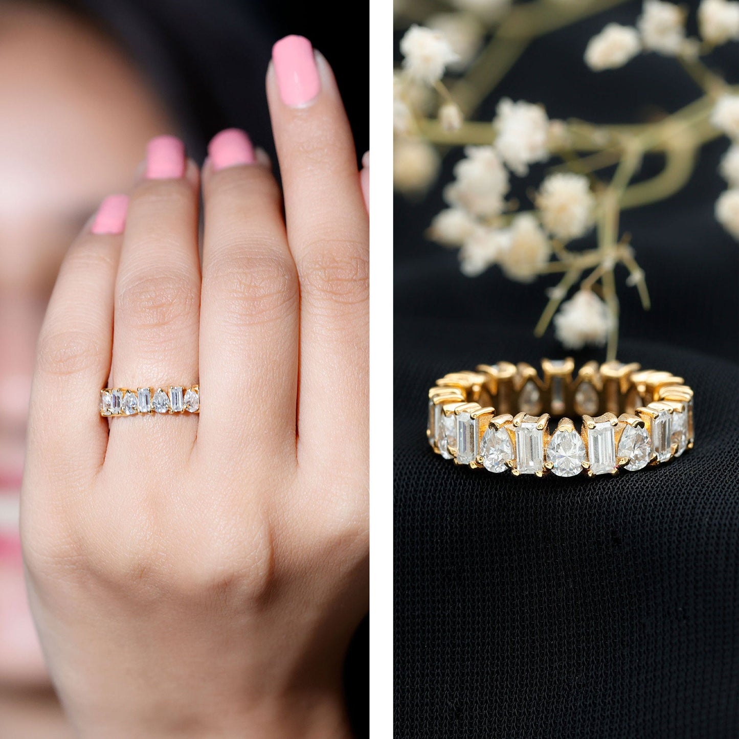 Pear and Baguette Cut Moissanite Alternate Eternity Band