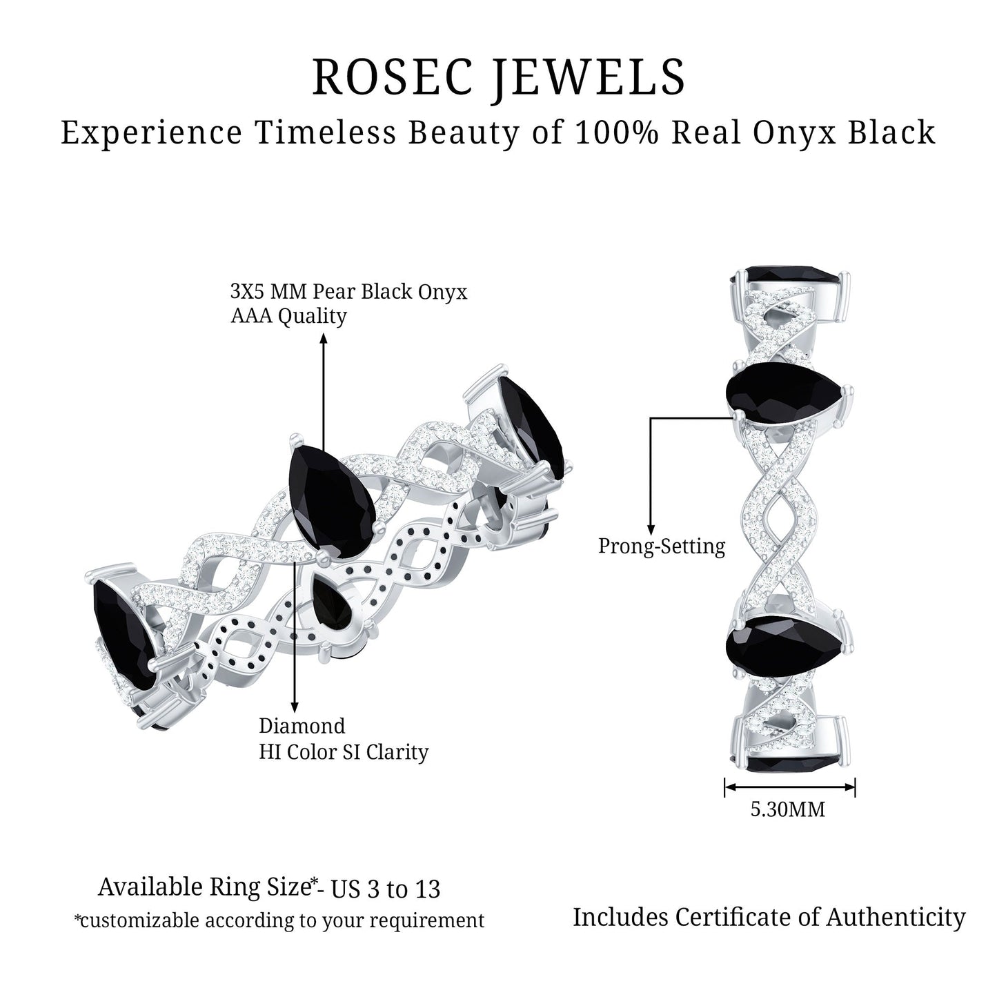 Pear Shaped Black Onyx and Diamond Crossover Wedding Band