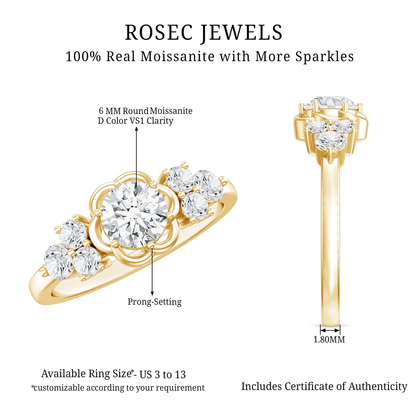 Certified Round Moissanite Flower Engagement Ring