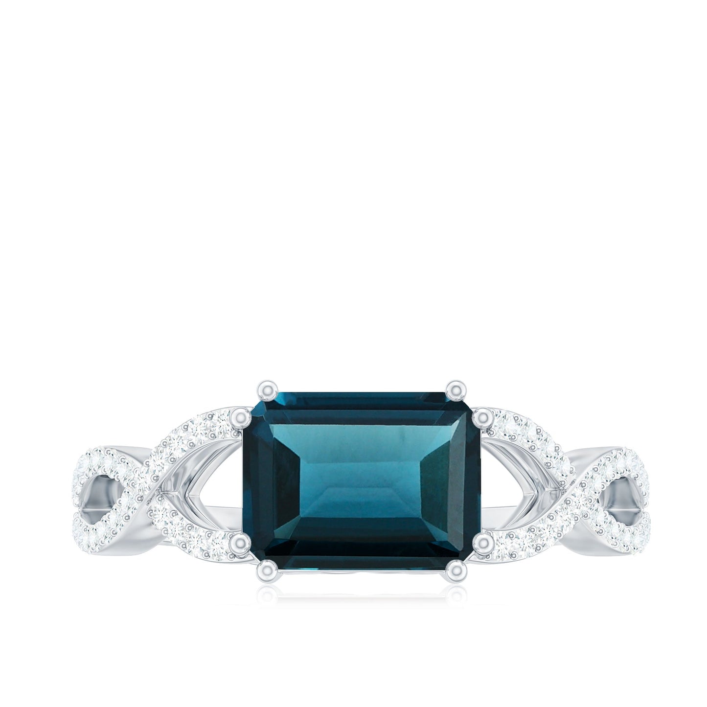 2.2 Carat Emerald Cut London Blue Topaz East West Engagement Ring with Diamond