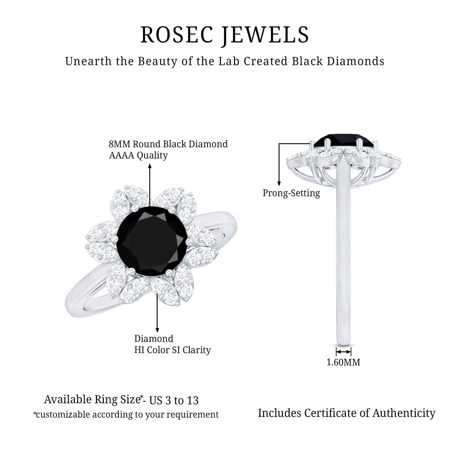 Certified 2 Carat Lab Grown Black and White Diamond Flower Engagement Ring