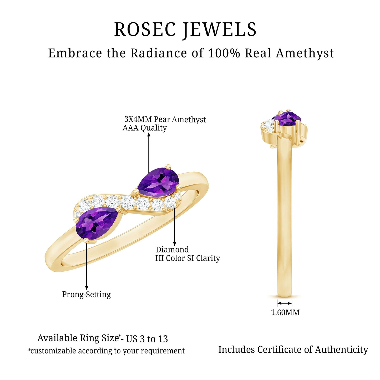 Pear Shaped Amethyst Infinity Promise Ring with Diamond