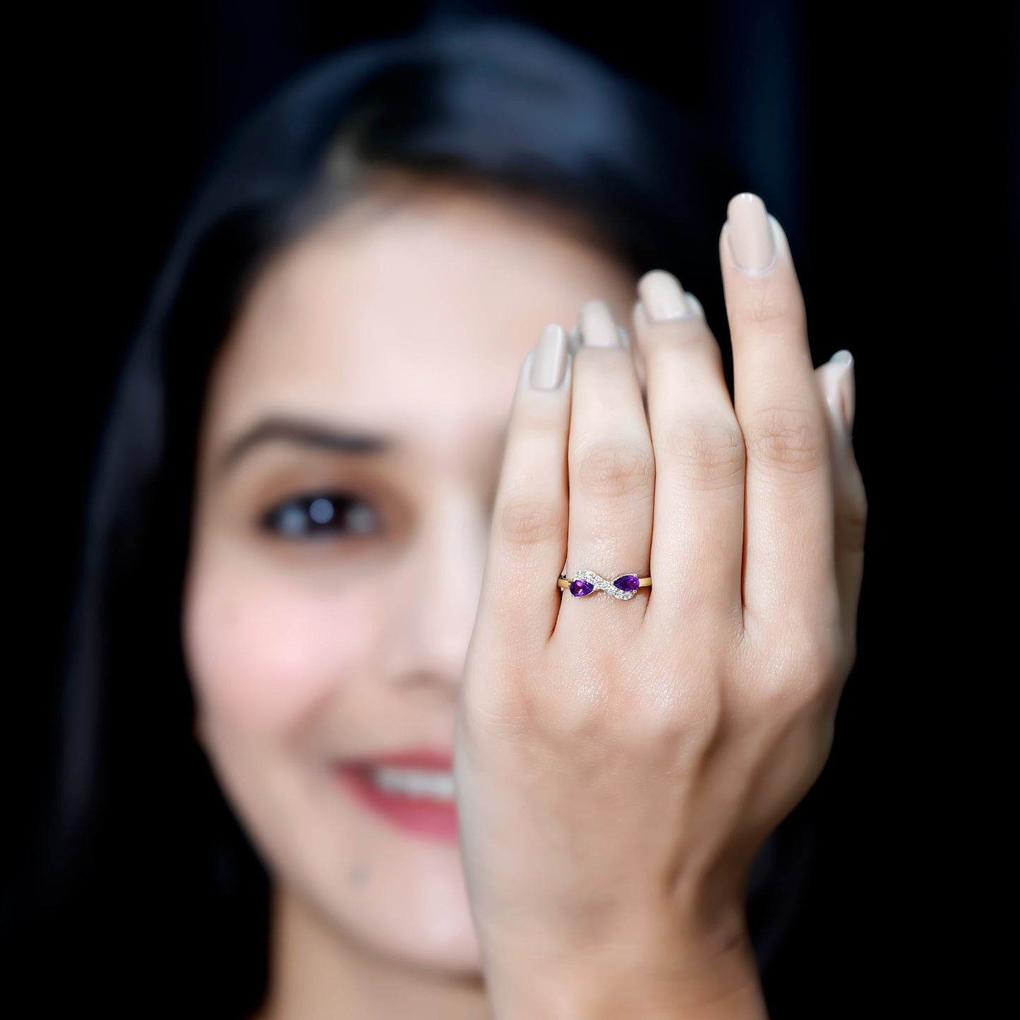 Pear Shaped Amethyst Infinity Promise Ring with Diamond