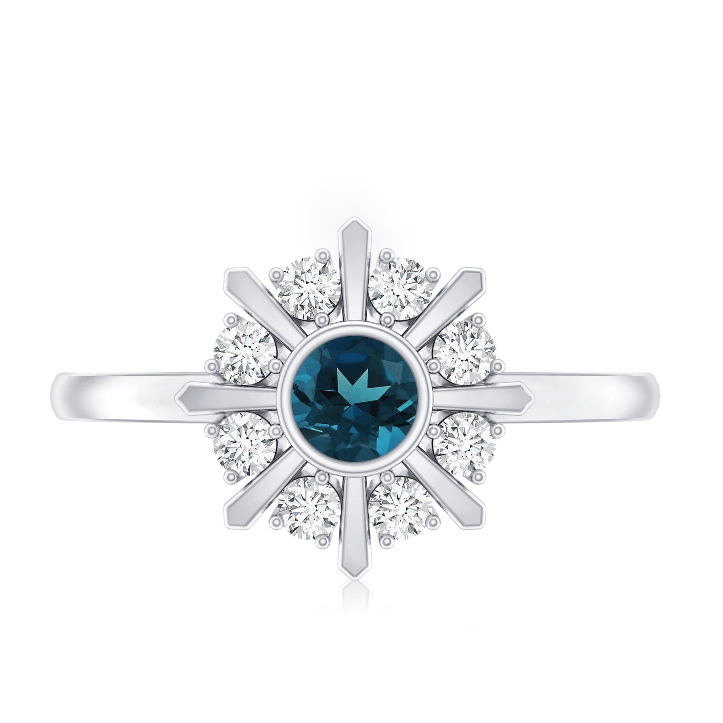 0.6 Carat Round London Blue Topaz Flower Ring with Diamond