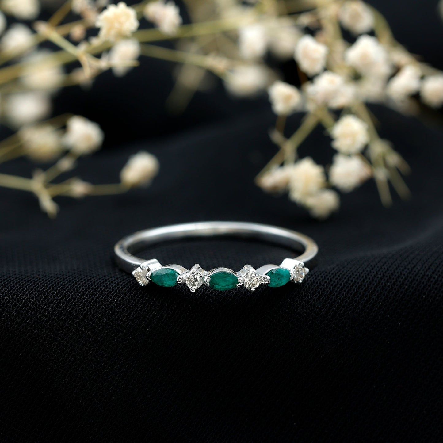 Genuine Emerald and Diamond Minimalist Half Eternity Ring