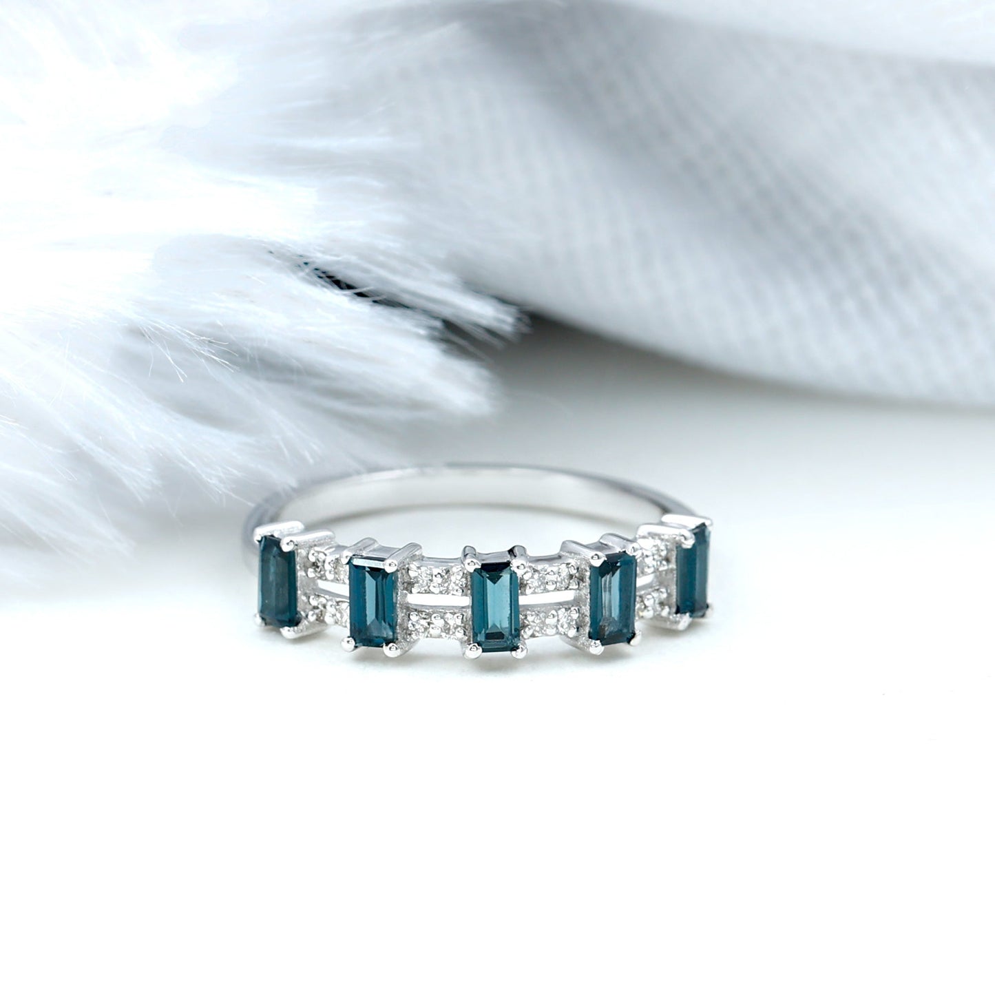 Baguette London Blue Topaz Half Eternity Band with Diamond