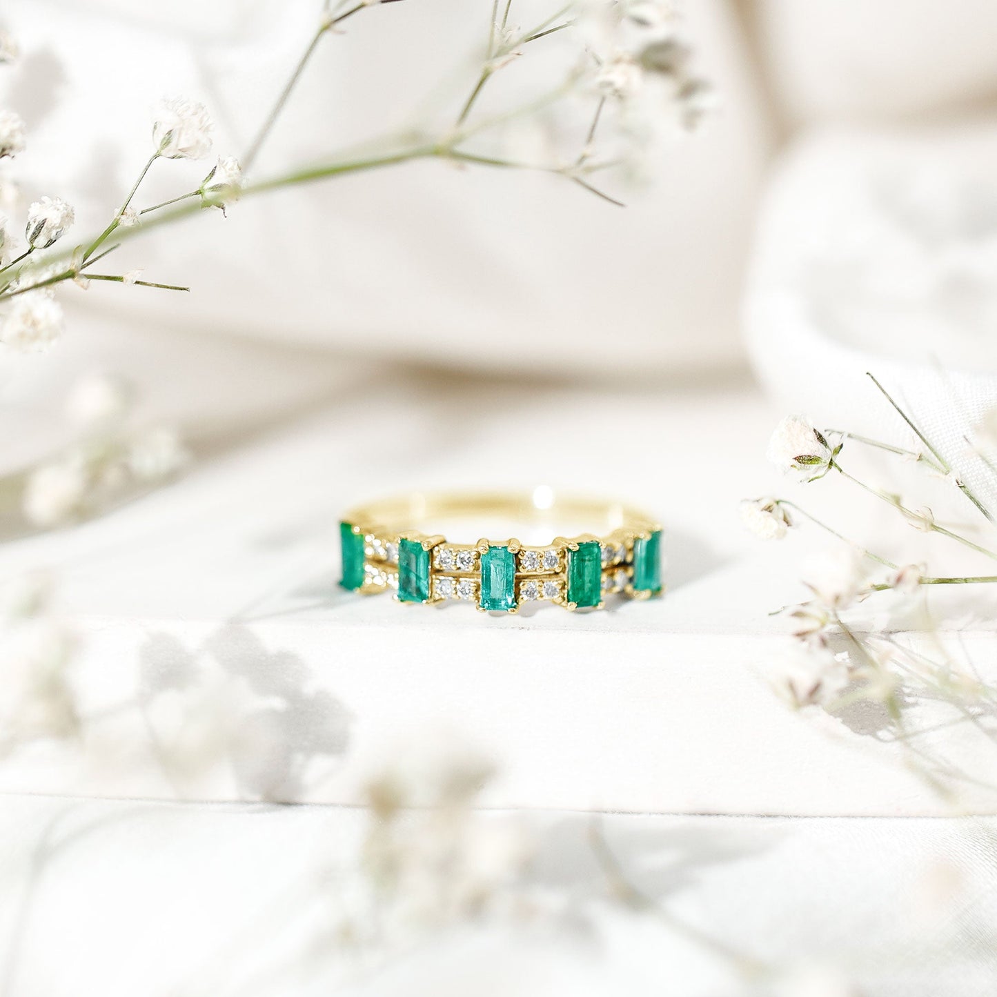 Baguette Cut Emerald and Diamond Half Eternity Band