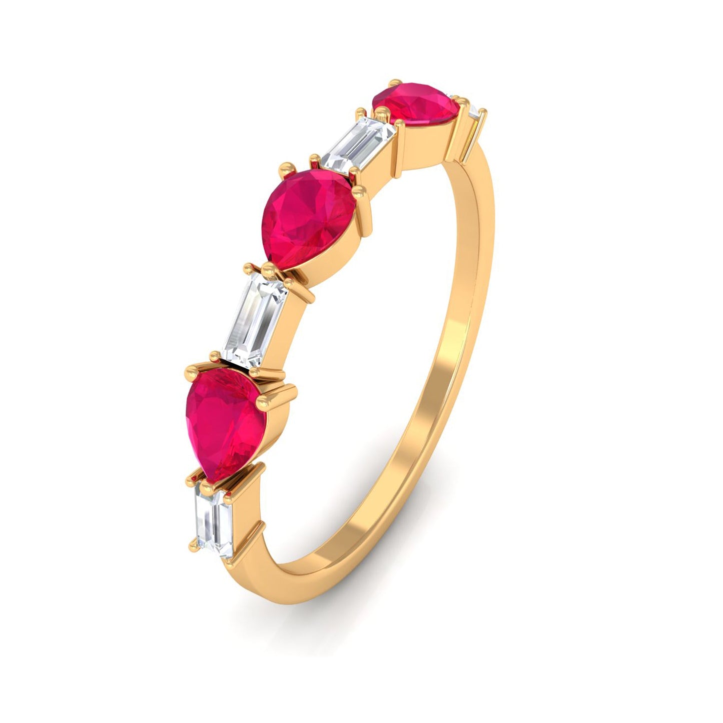 East West Style Pear Shape Ruby Half Eternity Ring with Baguette Diamond
