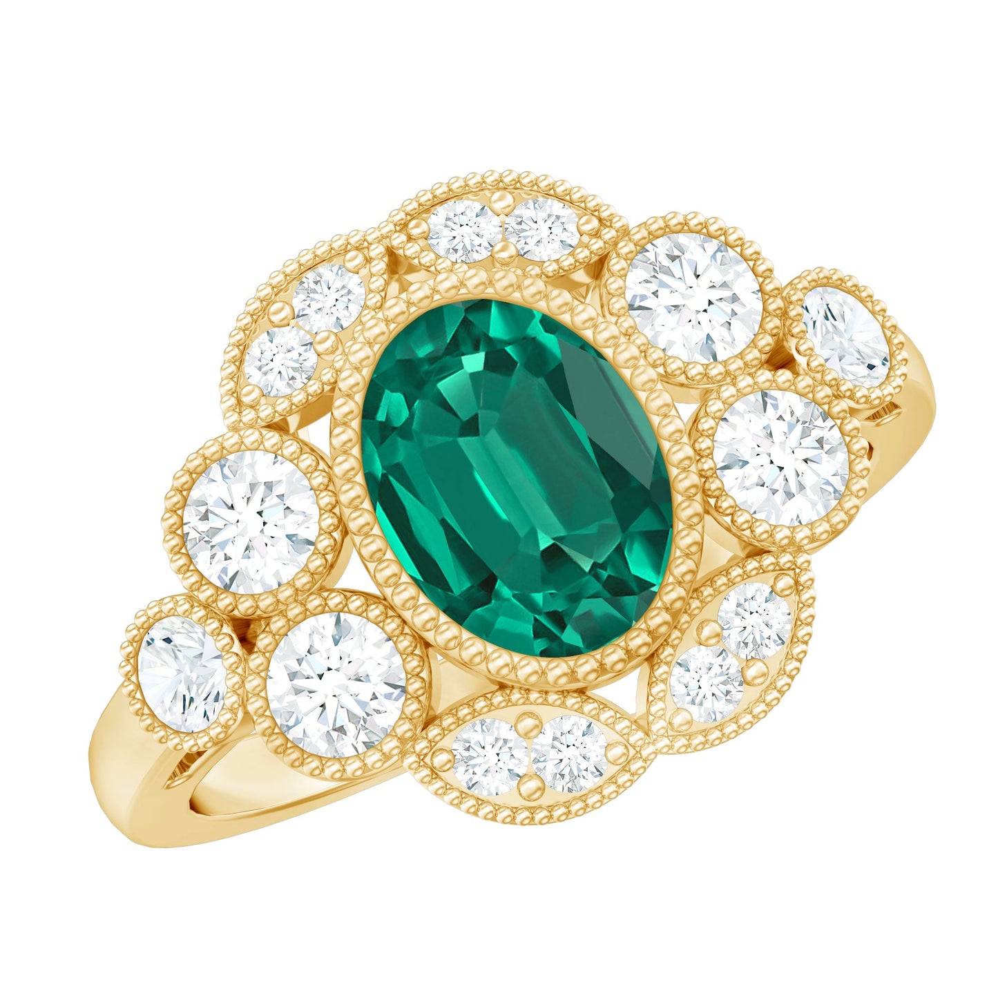 Certified Oval Lab Grown Emerald Antique Looking Engagement Ring
