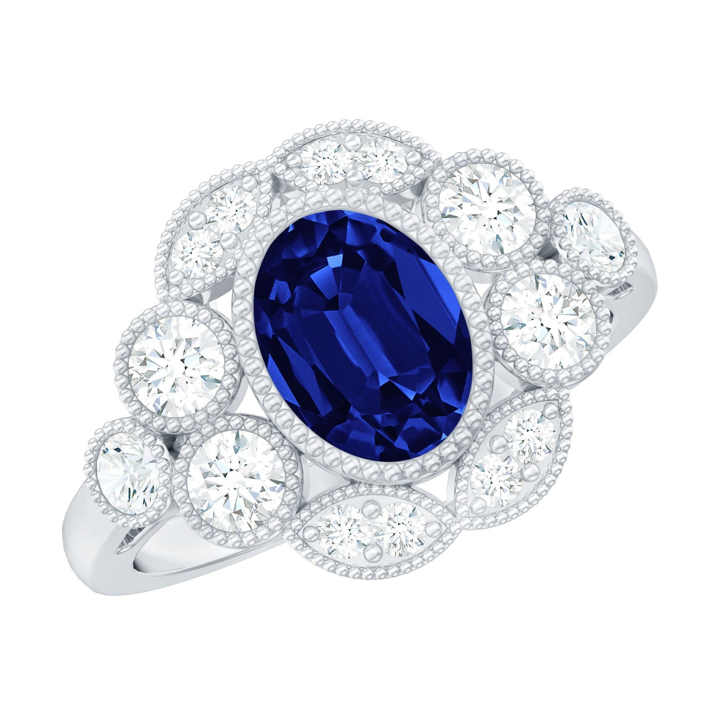 Vintage Looking 1.5 Carat Lab Grown Blue Sapphire Engagement Ring with Diamond