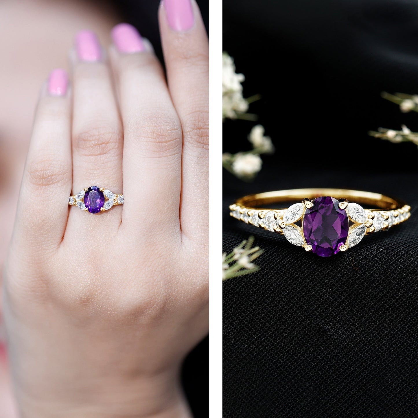 Natural 1 Carat Amethyst Oval Engagement Ring with Diamond