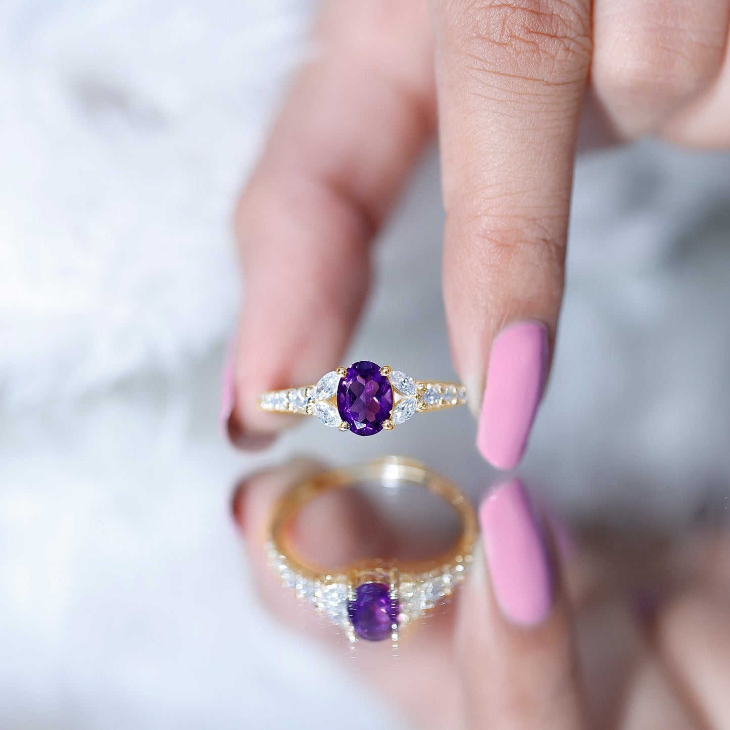 Natural 1 Carat Amethyst Oval Engagement Ring with Diamond