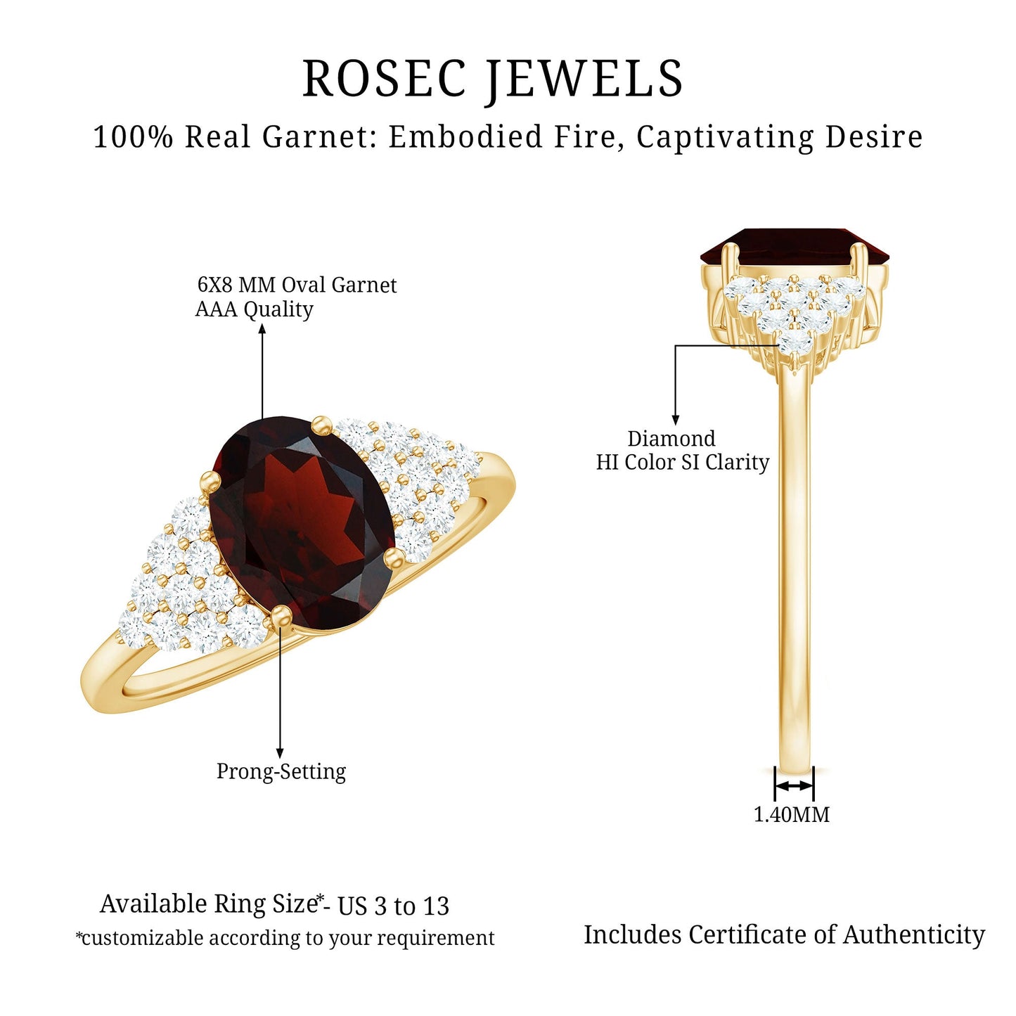 Certified Real 1.5 Carat Garnet Oval Engagement Ring with Diamond
