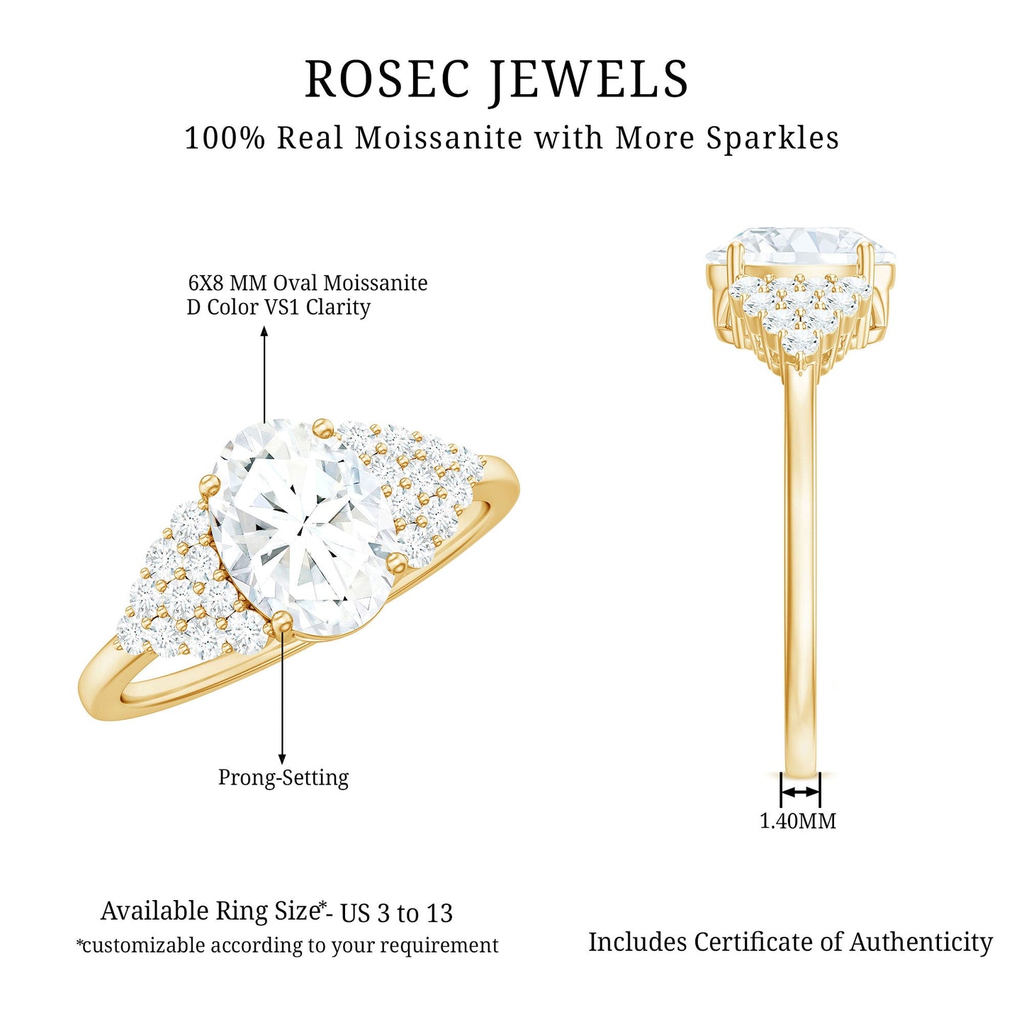 1.2 Carat Oval Moissanite Engagement Ring with Cluster Side Stones