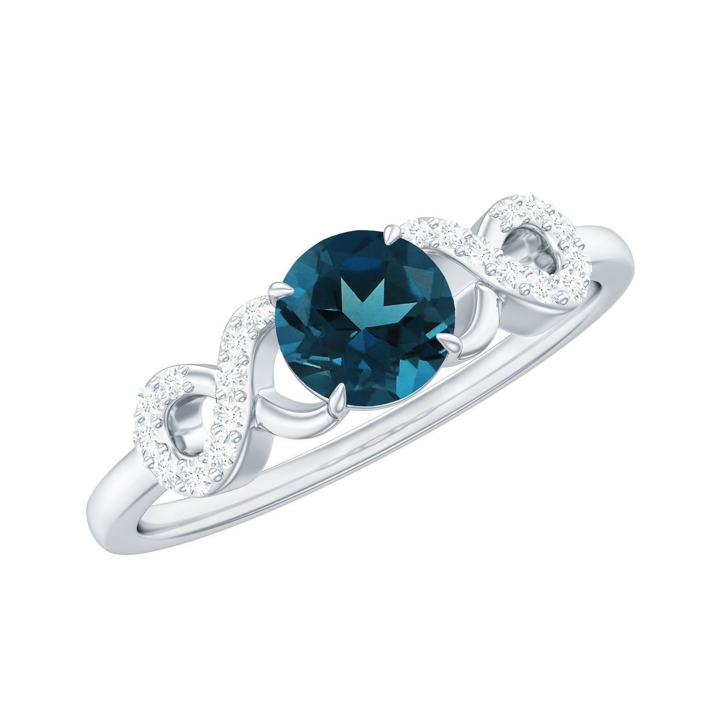 0.6 Carat Round London Blue Topaz Engagement Ring with Criss Cross Diamond