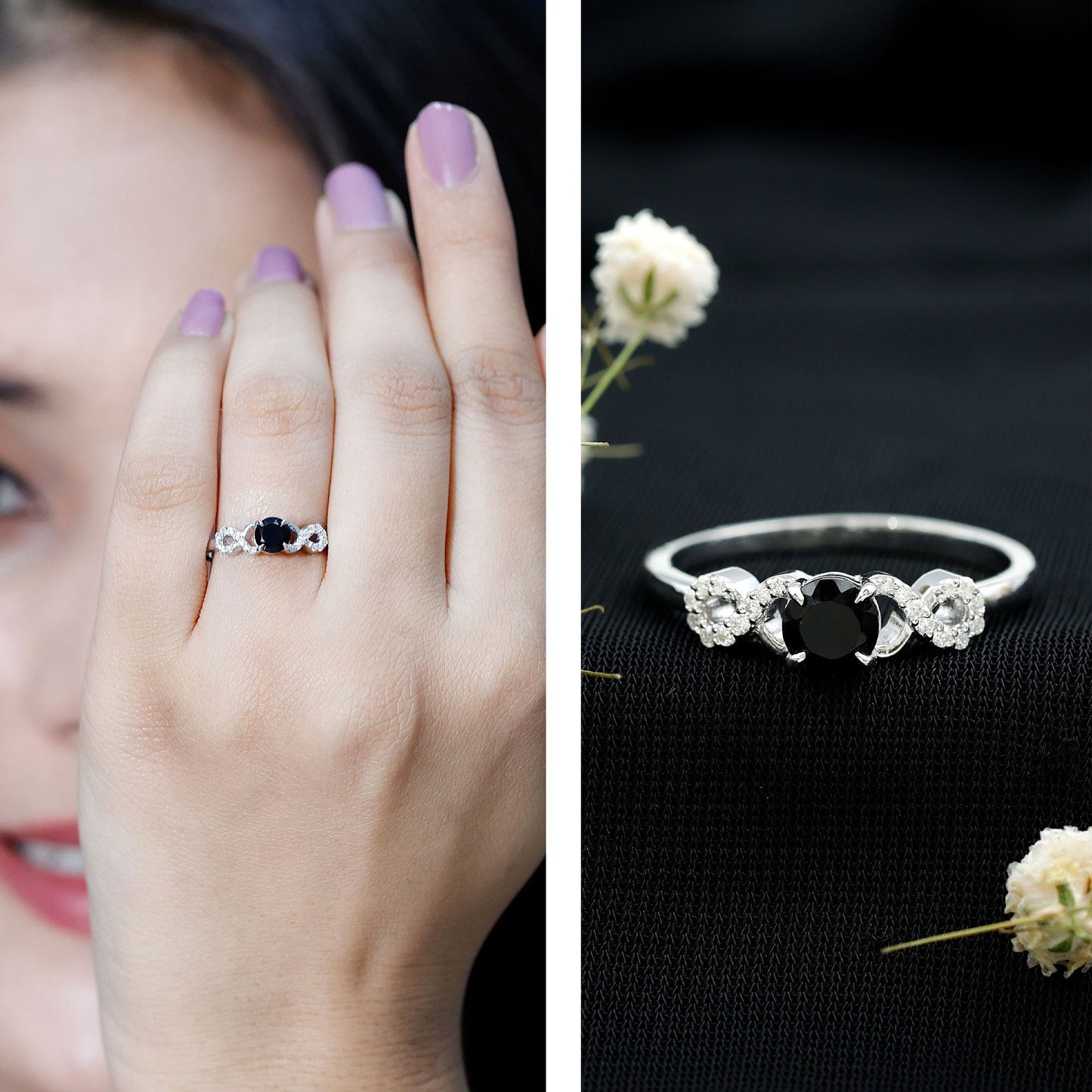 Certified 0.8 Carat Lab Grown Black and White Diamond Engagement Ring with Infinity Knot