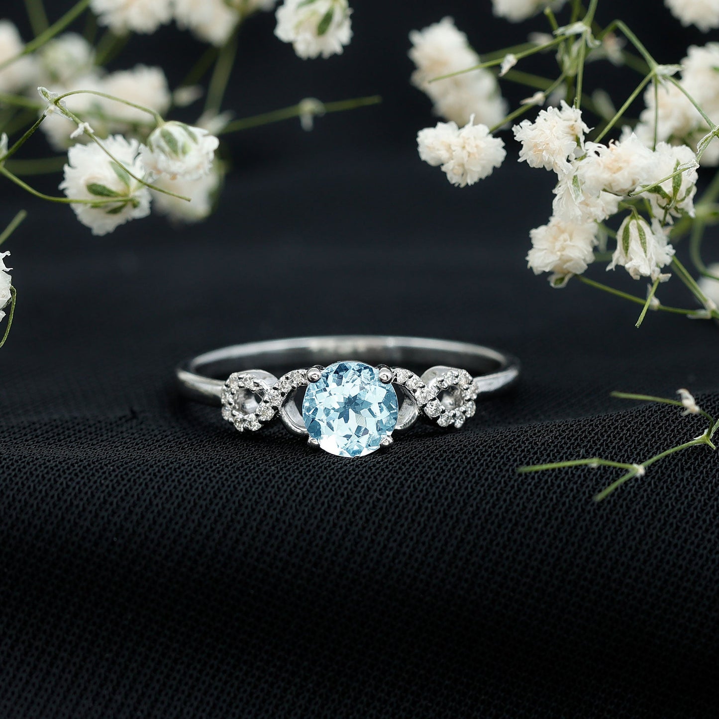 Round Shape Aquamarine and Diamond Infinity Engagement Ring