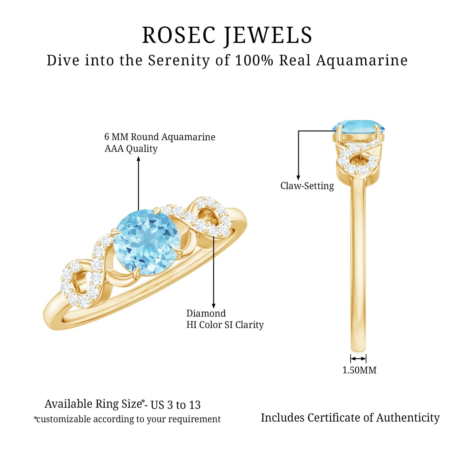 Round Shape Aquamarine and Diamond Infinity Engagement Ring