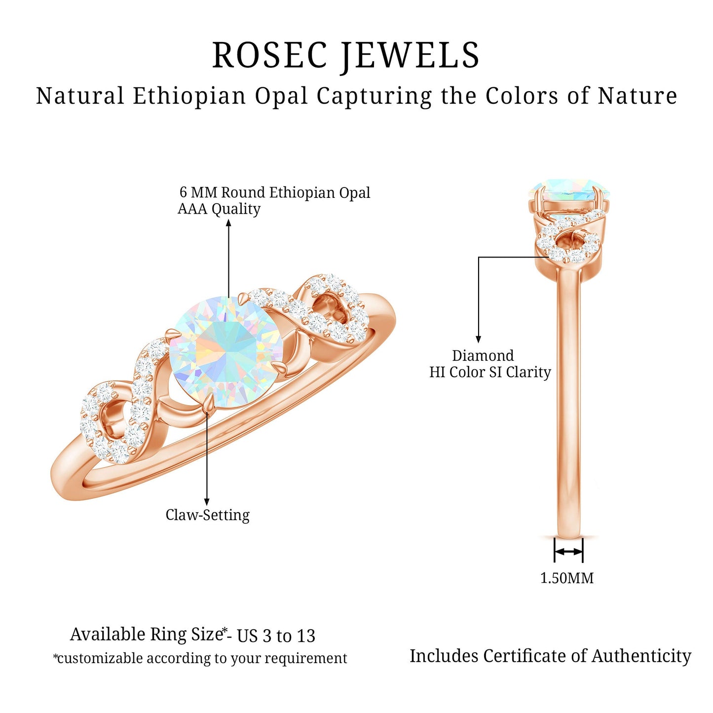 Certified Real Ethiopian Rainbow Opal Diamond Engagement Ring with Criss Cross Shank