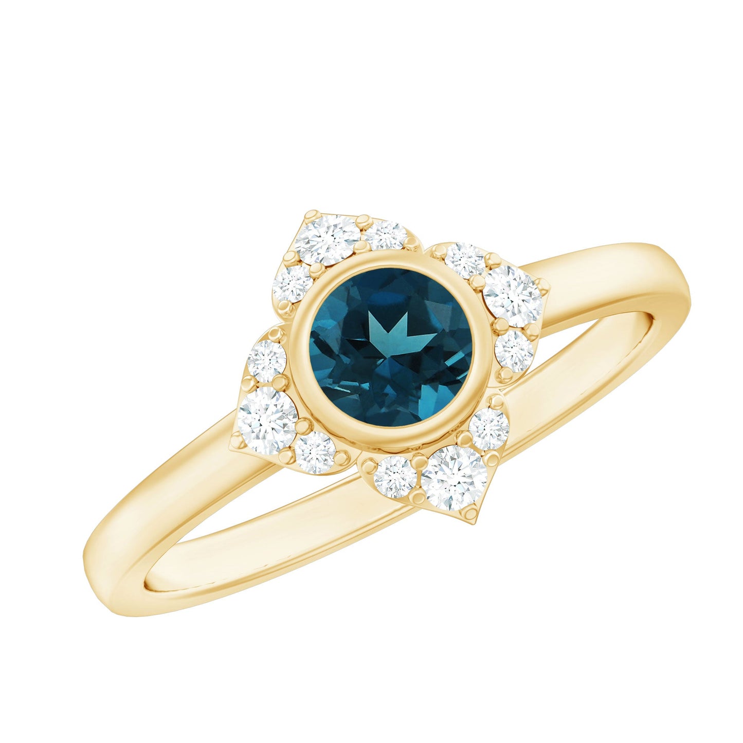 London Blue Topaz Bezel Engagement Ring with Diamond Halo