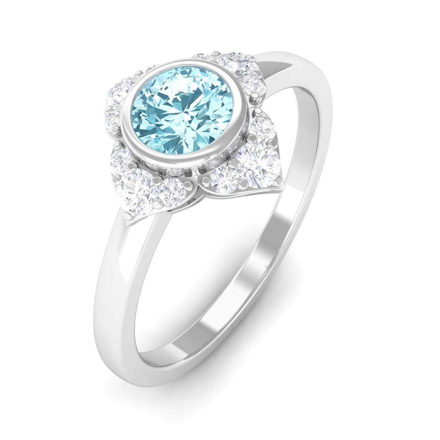 Bezel Set Aquamarine and Diamond Flower Engagement Ring with Certificate