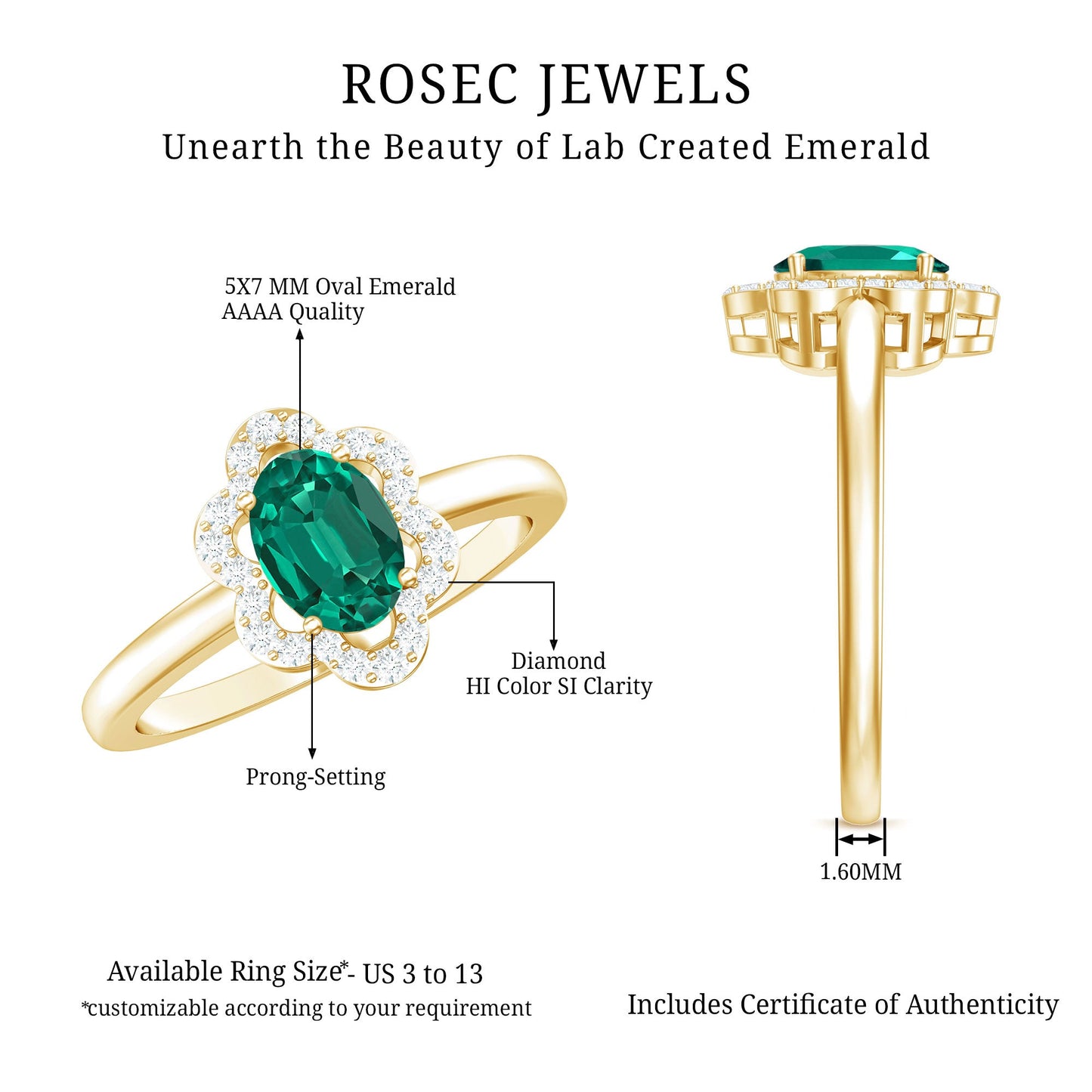 Certified Lab Grown Emerald Diamond Flower Engagement Ring With Diamonds