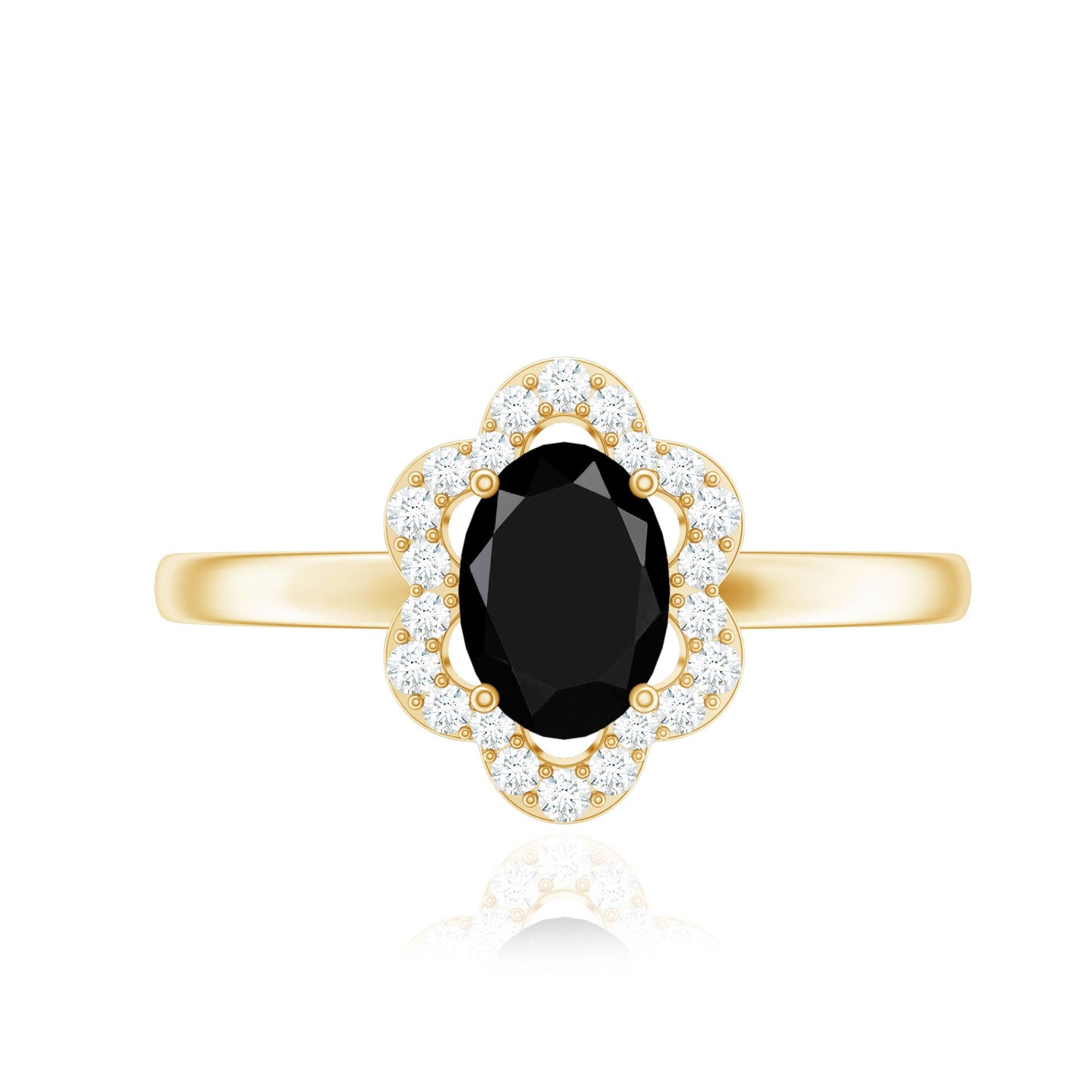 Certified Oval Cut 1 Carat Black Onyx Flower Engagement Ring with Diamond Halo