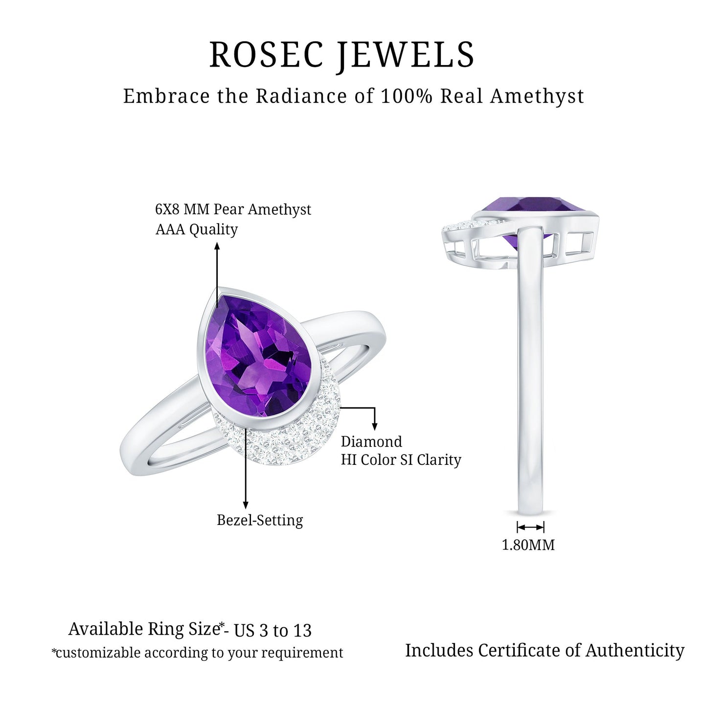 Real Amethyst Diamond Teardrop Engagement Ring in Bezel Setting