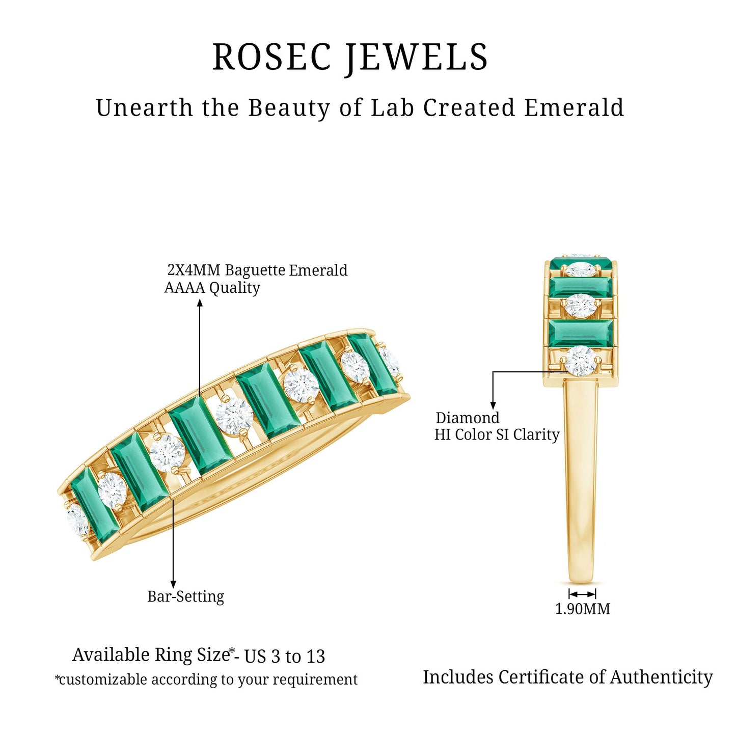 Certified Baguette Lab Grown Emerald Diamond Half Eternity Anniversary Band
