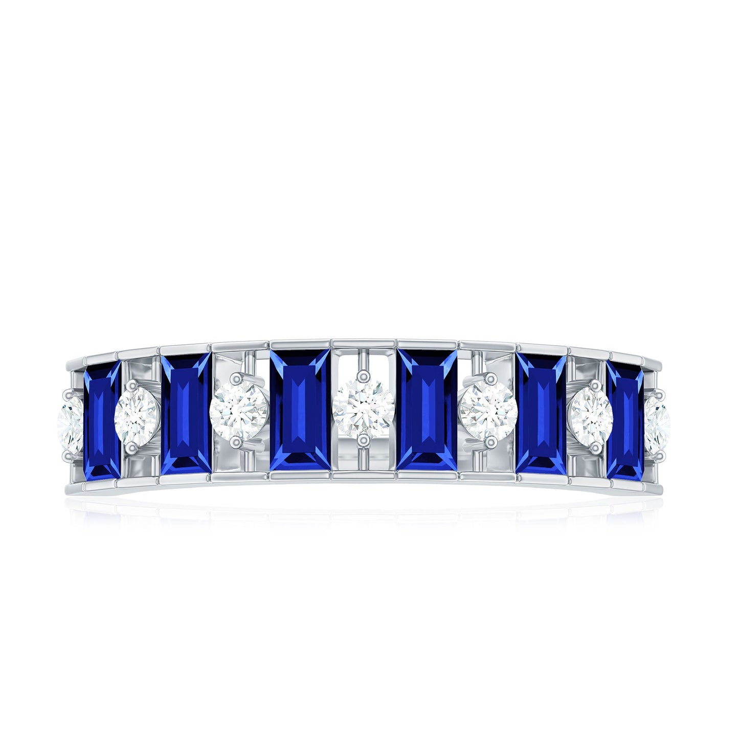 Baguette Cut Created Blue Sapphire Classic Half Eternity Ring with Diamond