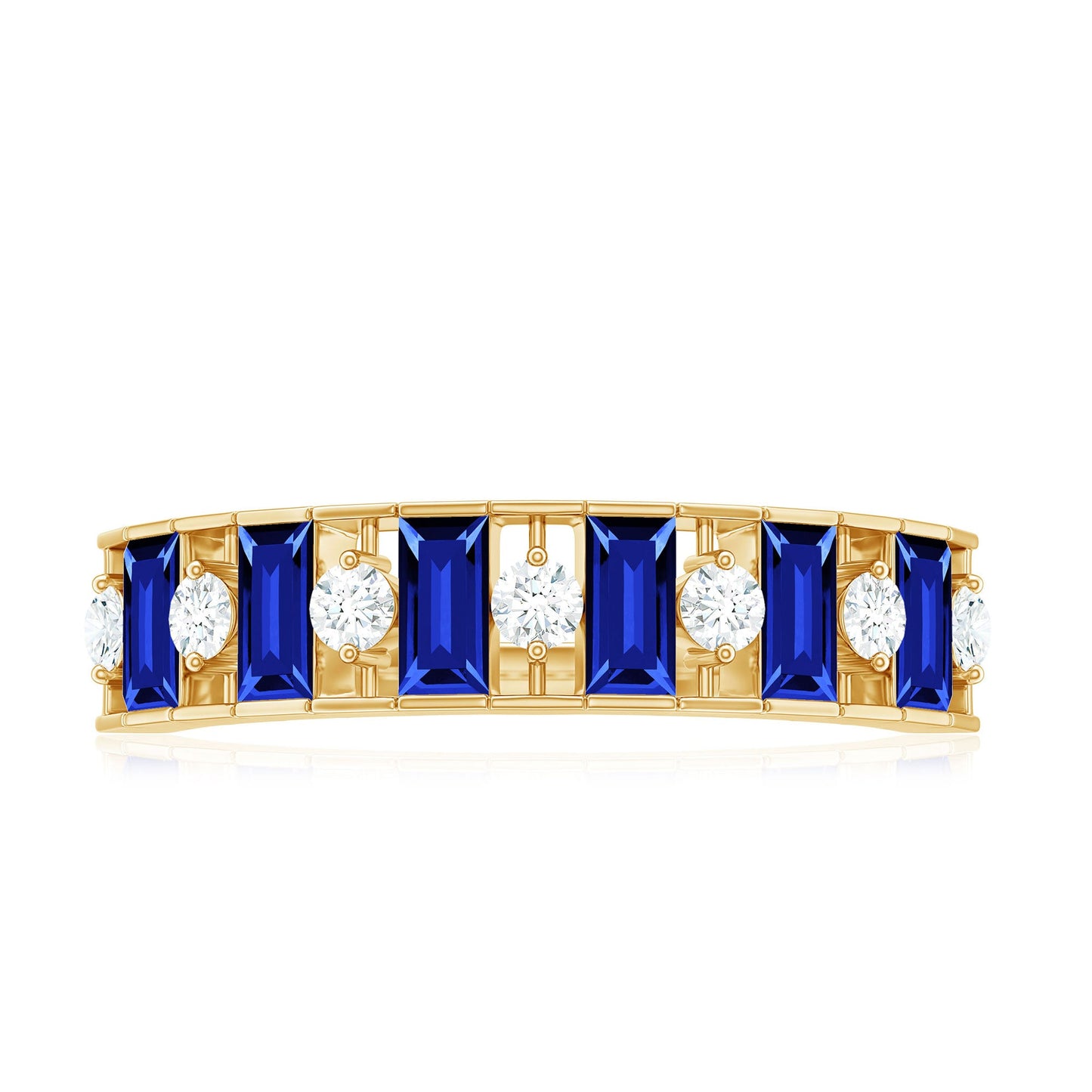 Baguette Cut Created Blue Sapphire Classic Half Eternity Ring with Diamond