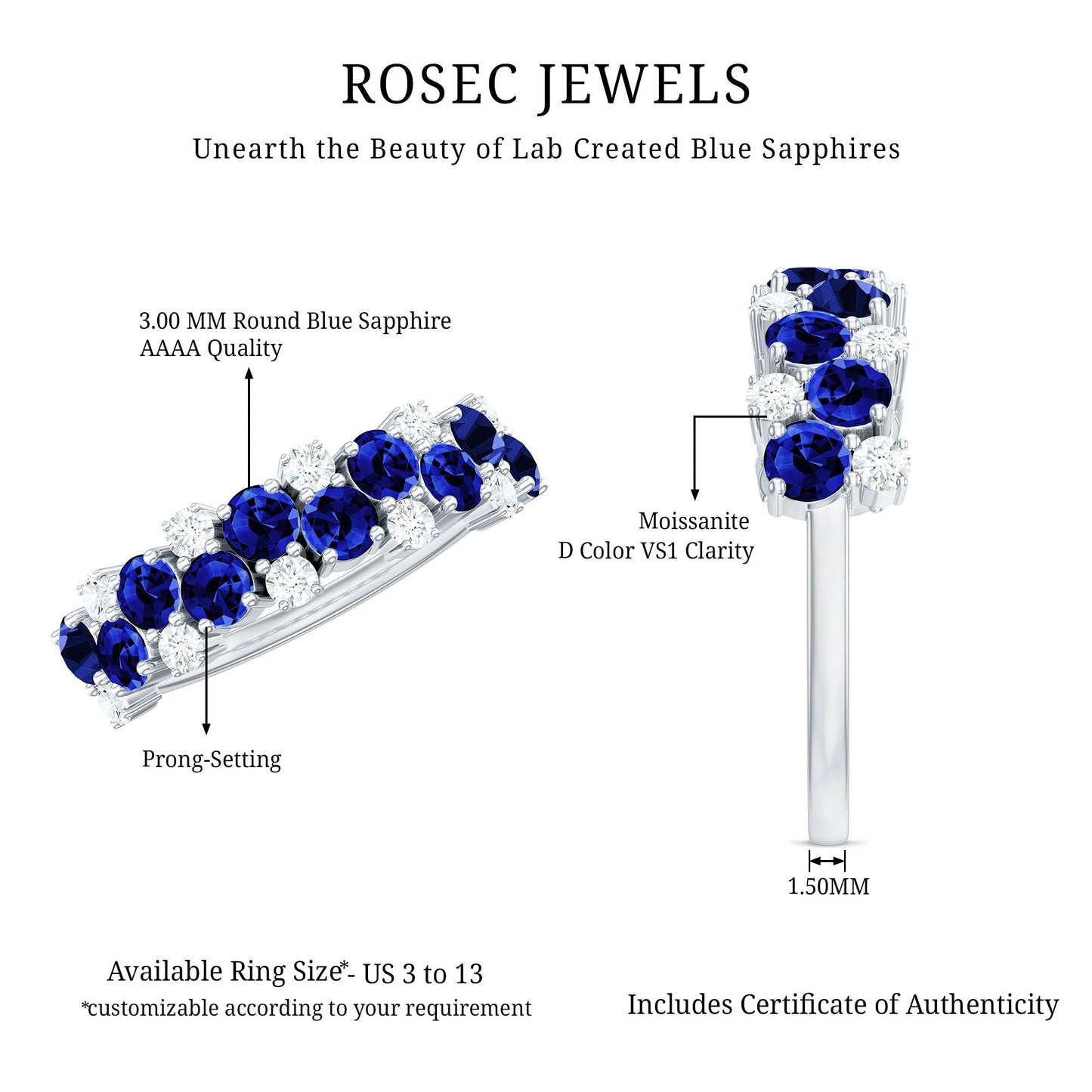 Certified Lab Grown Blue Sapphire Diamond Eternity Band Ring for Anniversary