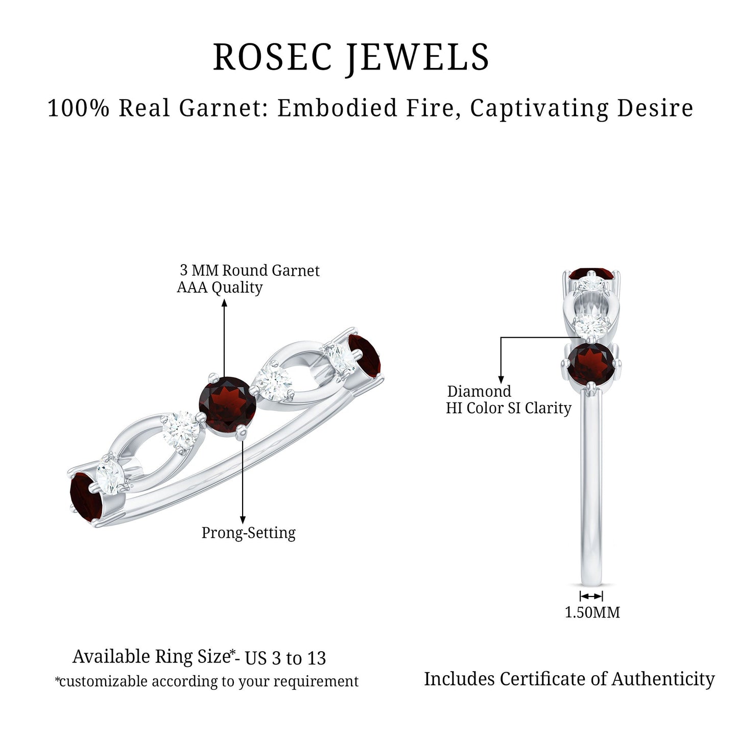 Natural Red Garnet Diamond Half Eternity Ring for Anniversary