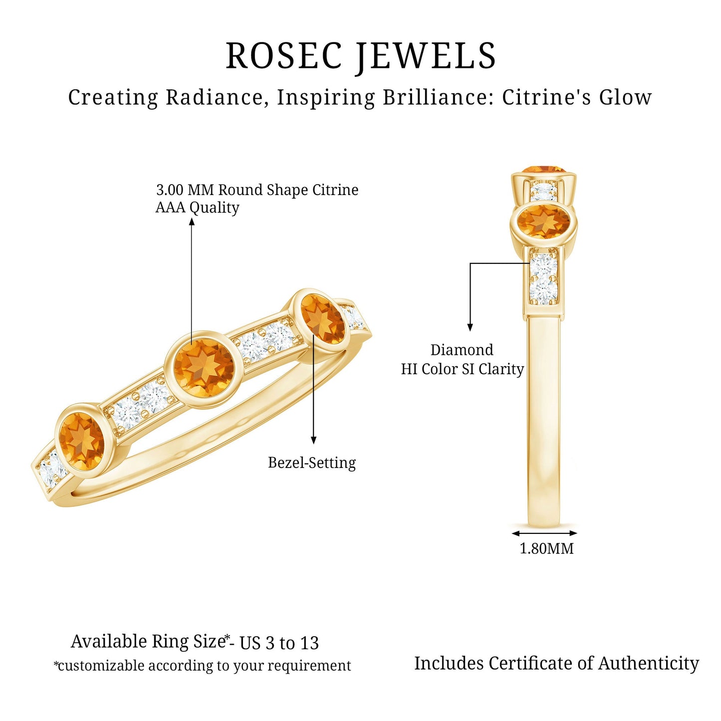 Real Citrine Diamond Half Eternity Wedding Band in Bezel Setting