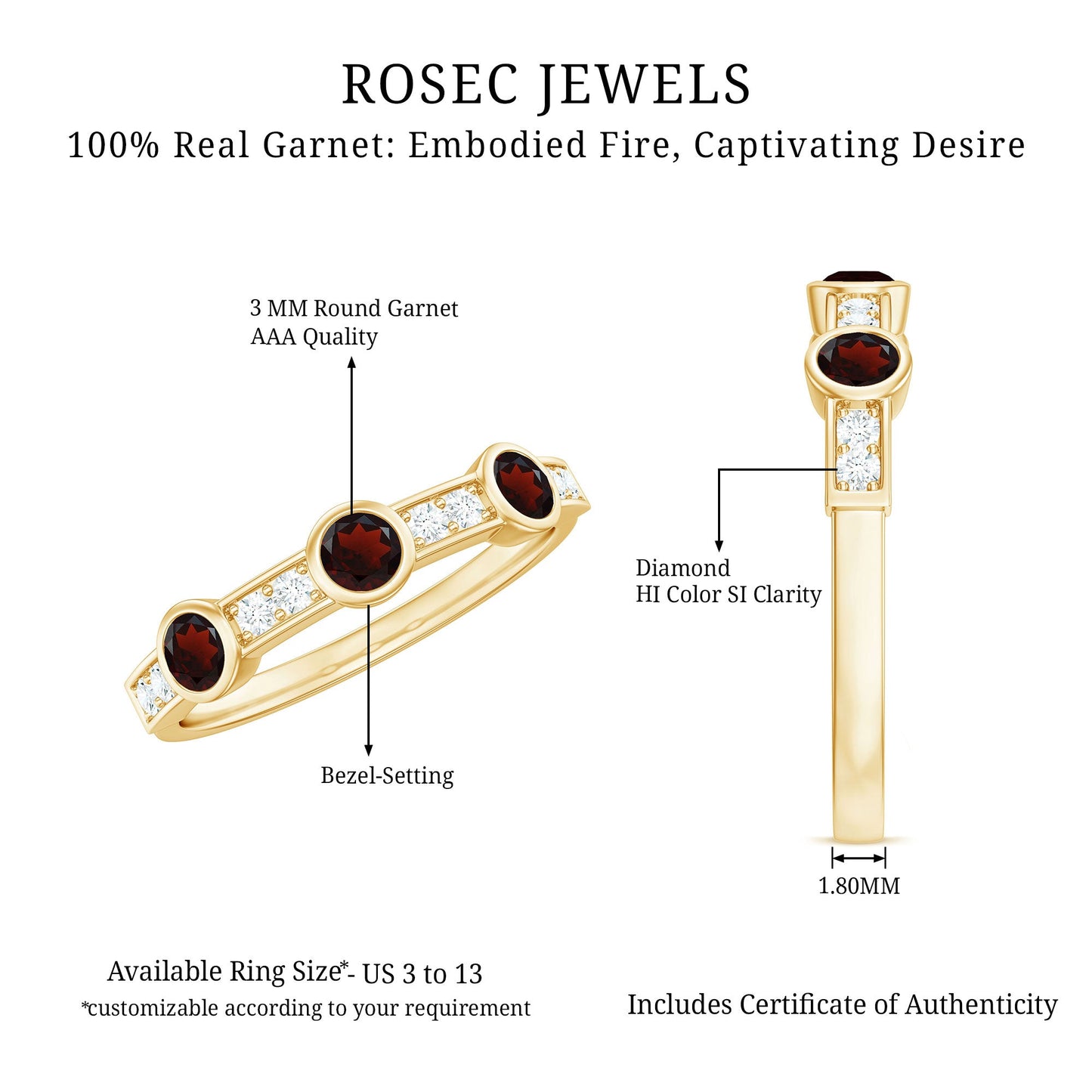 Certified Real Garnet Diamond Half Eternity Ring