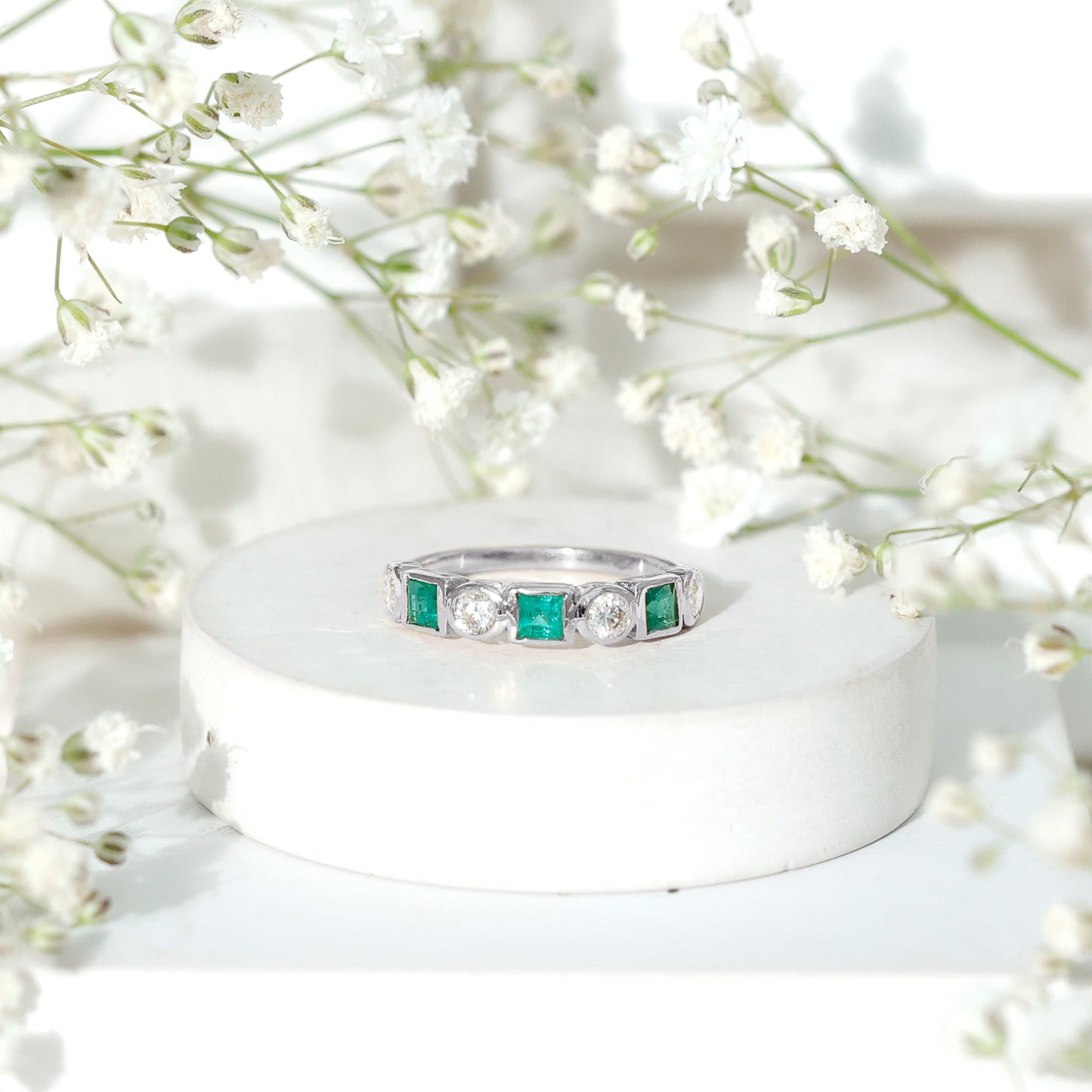 Real Emerald and Diamond Half Eternity Wedding Band in Bezel Set
