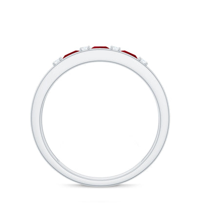 Natural Princess cut Ruby Double Band Ring with Diamond