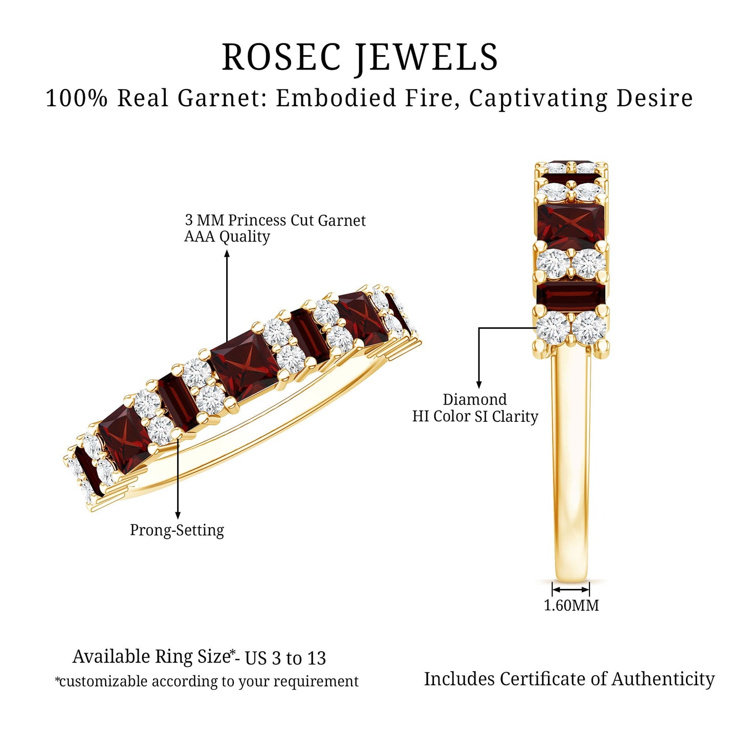 Natural Red Garnet Half Eternity Ring with Diamond