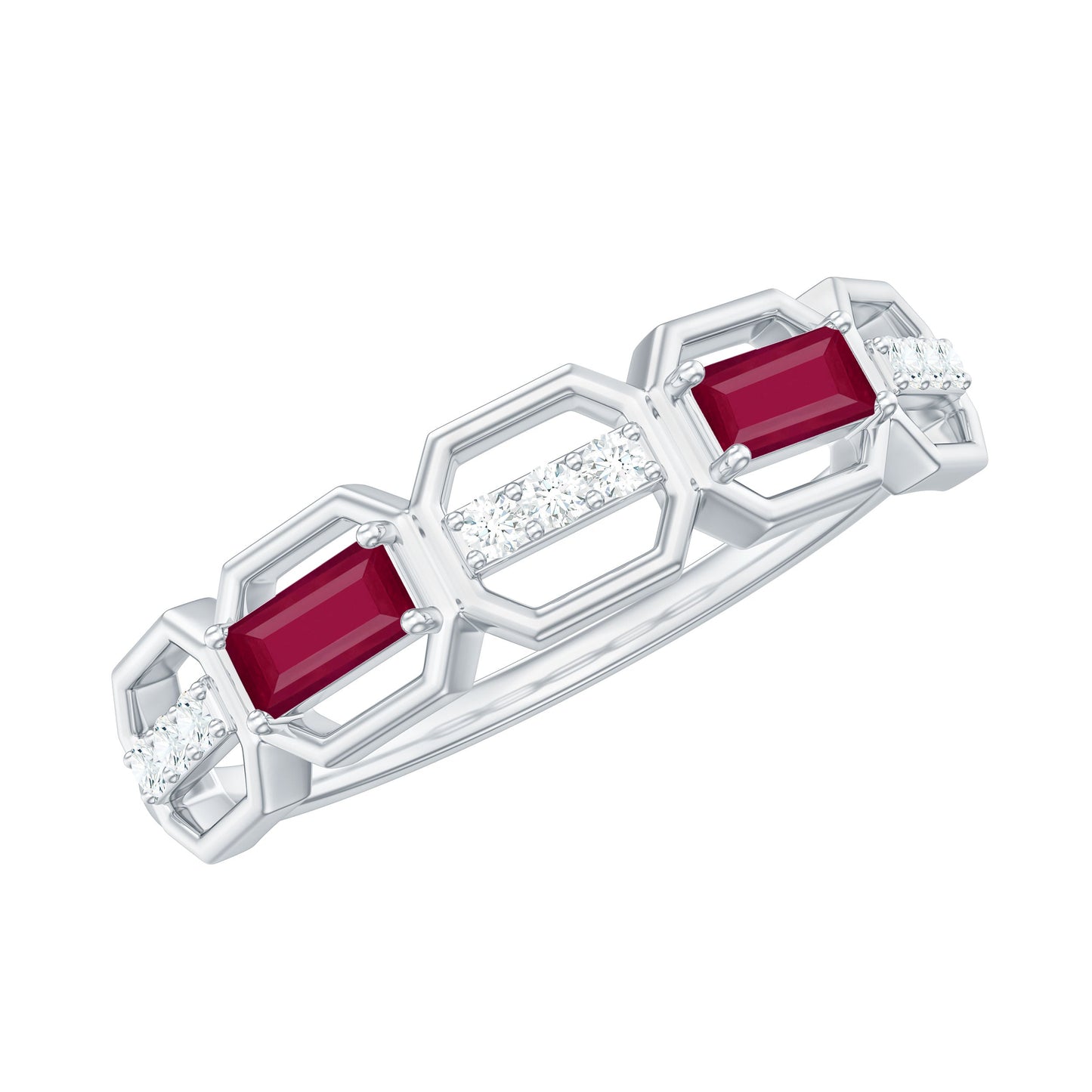 Natural Baguette Ruby Band Ring with Diamond