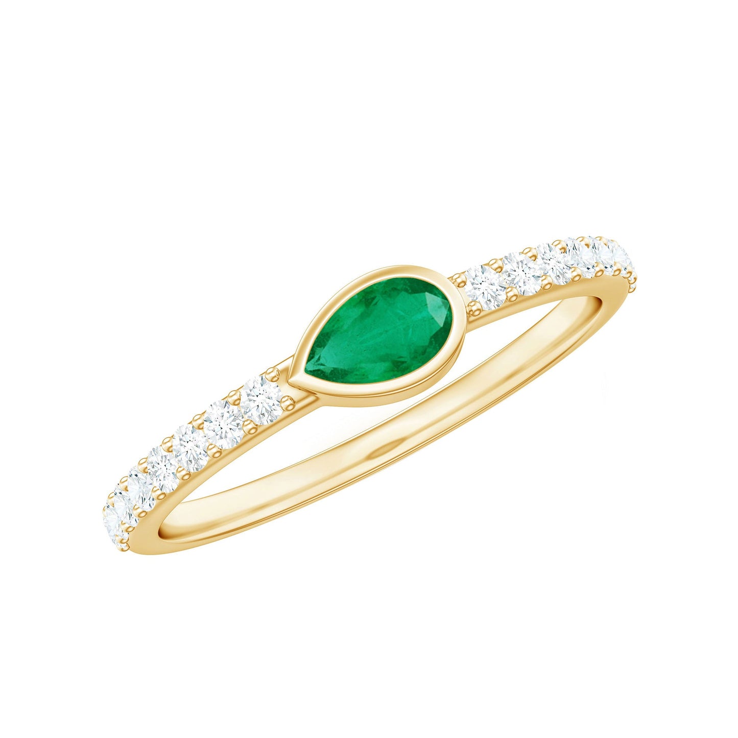 Natural Pear Shape Emerald Diamond Promise Ring in Bezel Setting
