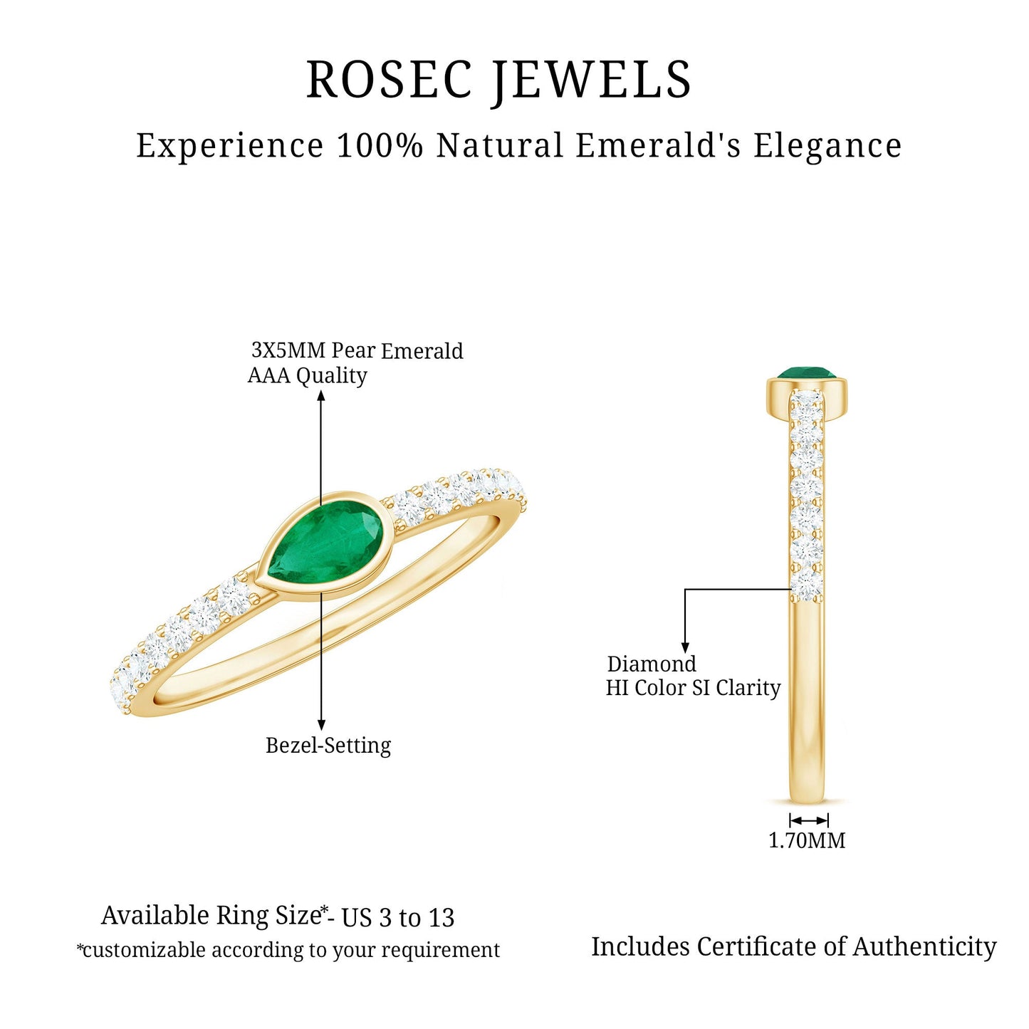 Natural Pear Shape Emerald Diamond Promise Ring in Bezel Setting