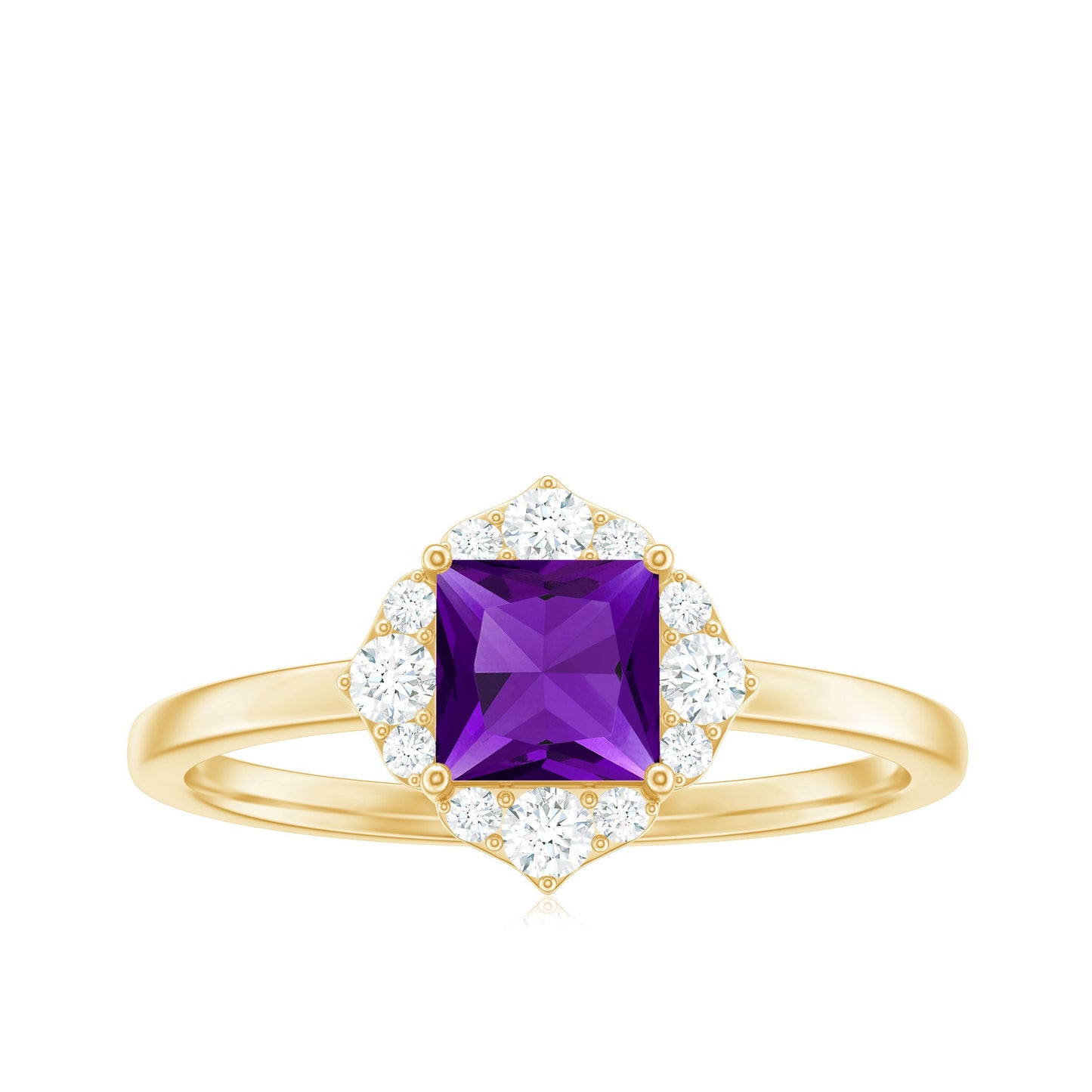 Natural 1.2 Carat Princess Cut Amethyst Flower Engagement Ring with Diamond