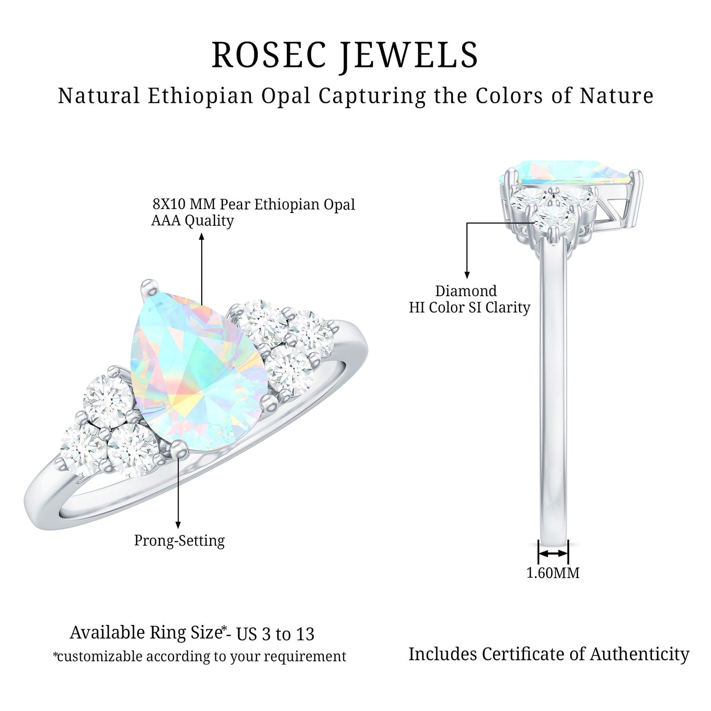 Natural 2 Carat Ethiopian Opal Pear Shaped Engagement Ring with Diamond Trio