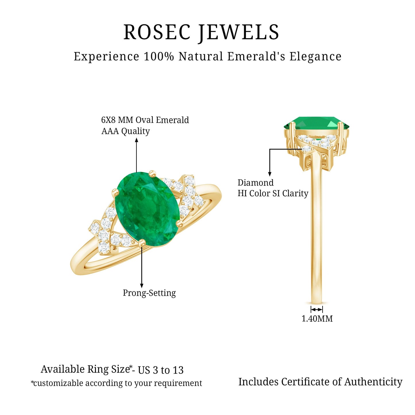 Real Solitaire Emerald Oval Engagement Ring with Diamond Split Shank
