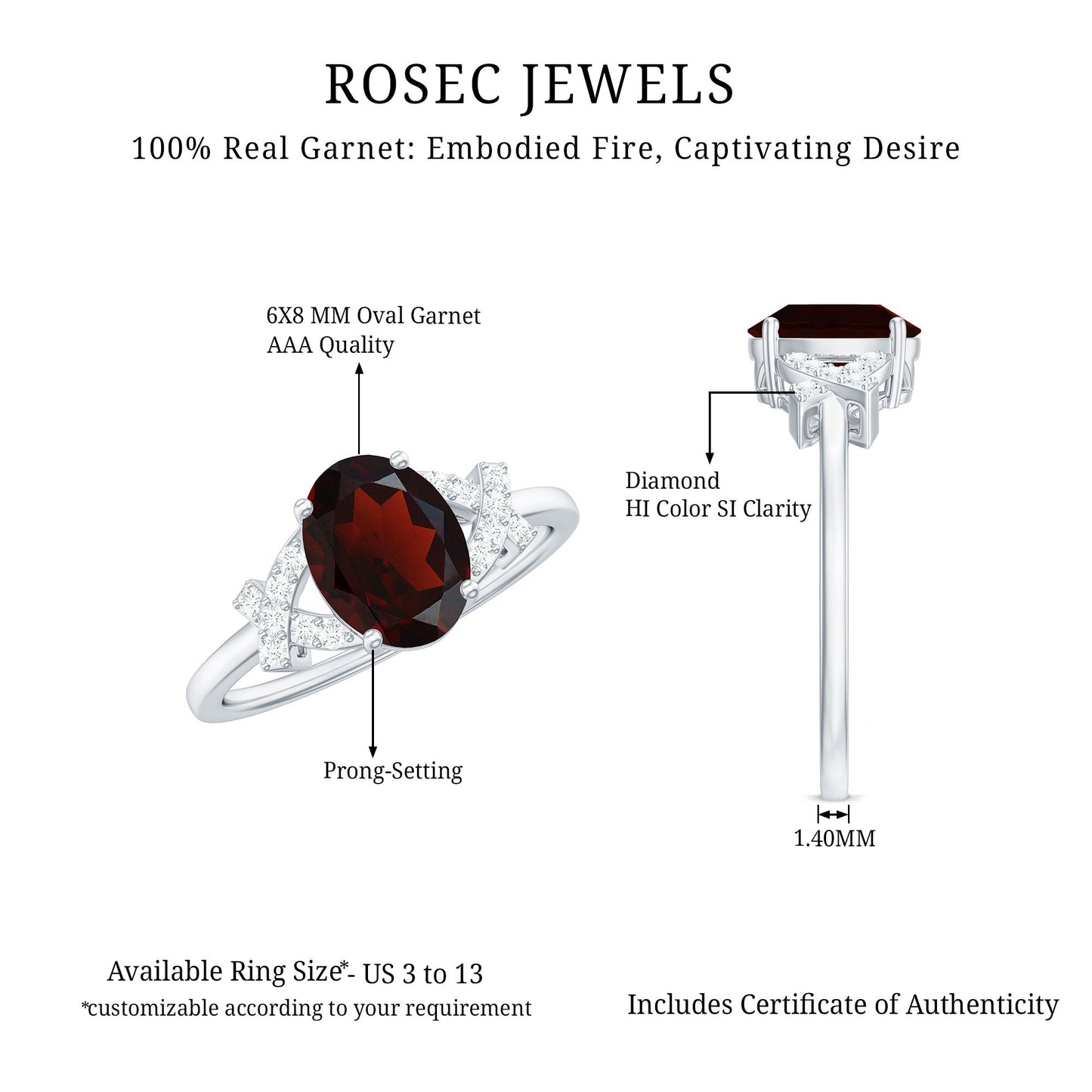 Real 1.5 Carat Garnet Oval Engagement Ring with Diamond Split Shank